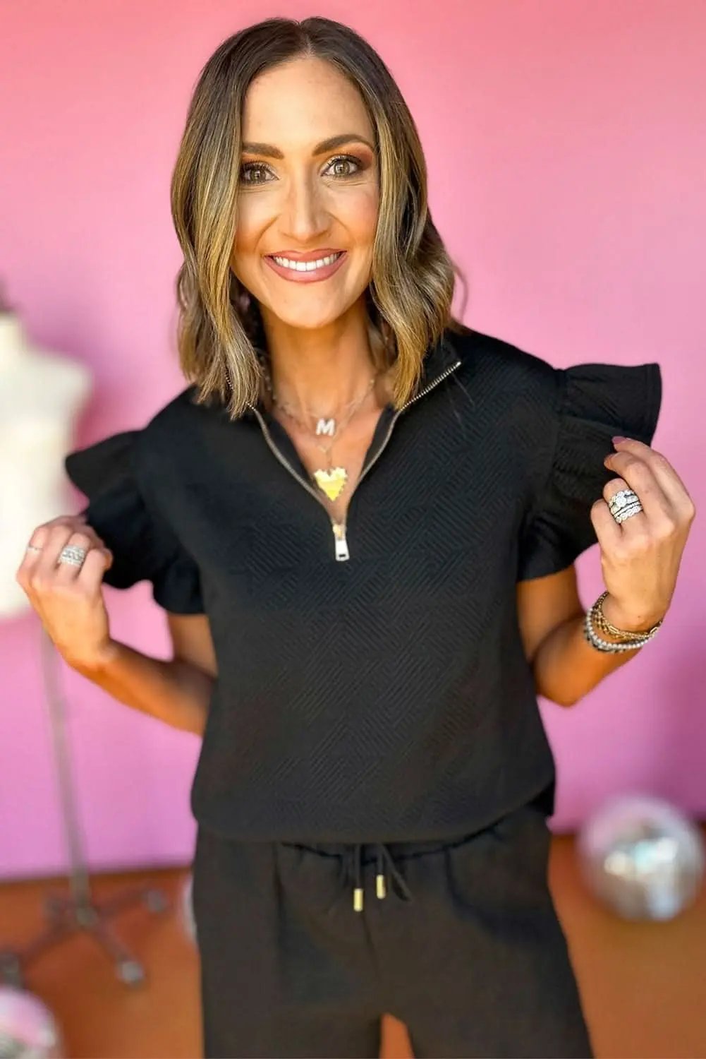 Black Textured Flutter Sleeve Top Wide Leg Pants Set - Love Salve